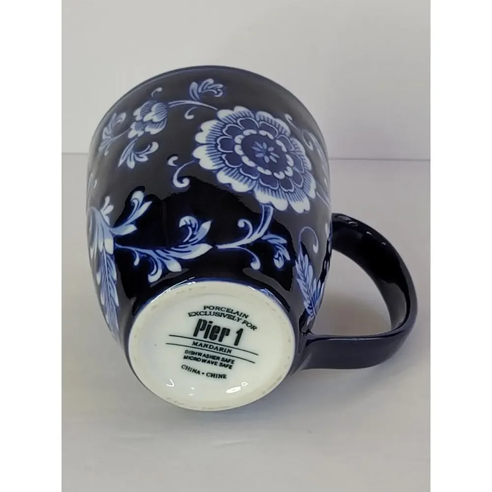 Pier 1 Exclusive MANDARIN Floral Cobalt Blue White Porcelain 14oz Coffee/Tea Mug